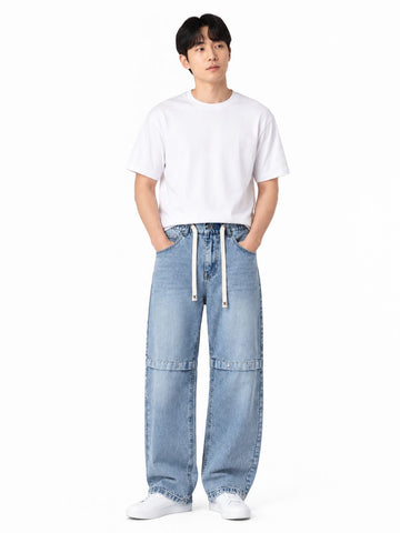 KNEE PANEL DRAWSTRING DENIM BAGGY JEANS