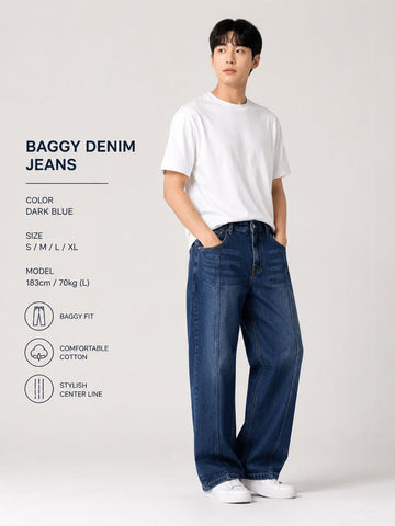 FRONT STRIPE DRAWSTRING DENIM BAGGY JEANS