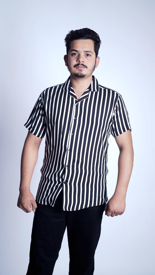 VERTICAL THIN BLACK LINE IN WHITE   ALL OVER LINEN SHIRT